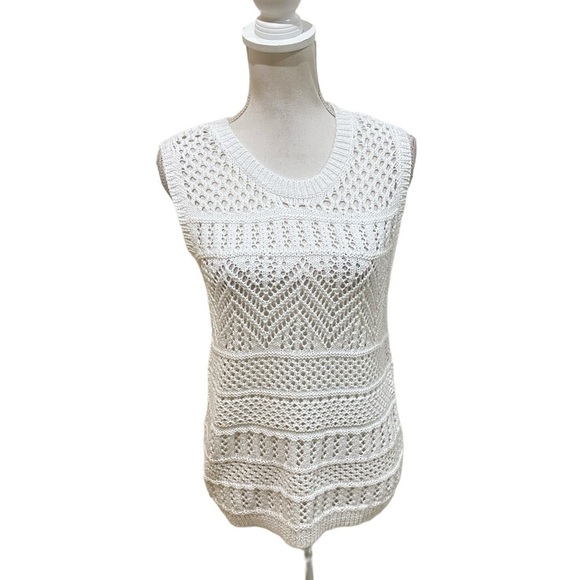 Talbots white cotton blend chunky loose knit sleeveless top/vest medium petite - Picture 1 of 9